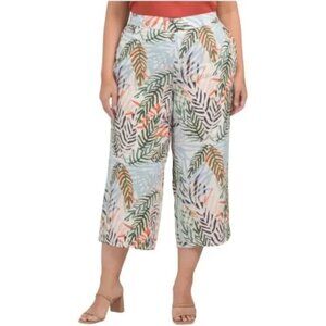 TAHARI Tropical Palm 100% Linen Angled Pocket Cropped Pull On Pants Sz 1X
